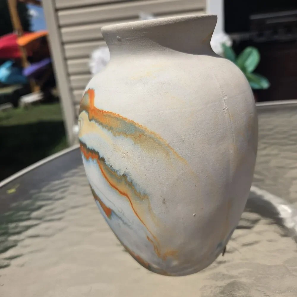 VTG Nemadji Pottery Vase Clay Swirl Marbled Blue Orange USA Stamp